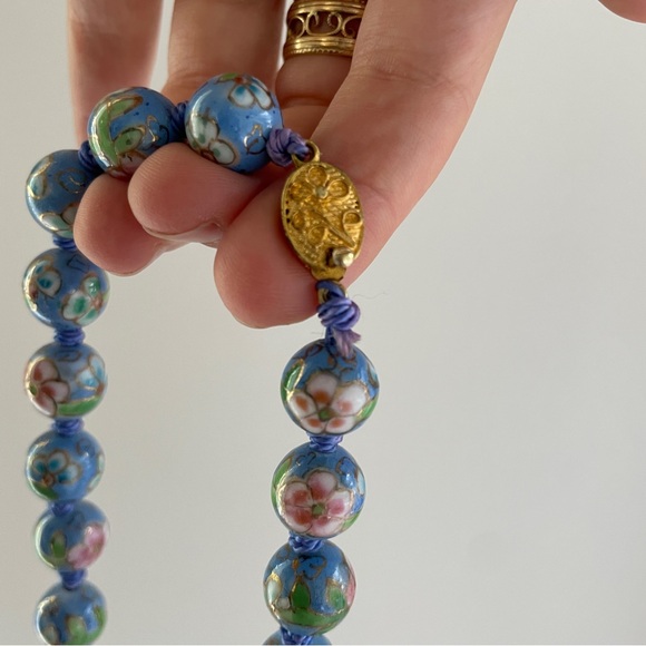 Mid Century Chinese Export Baby Blue Cloisonne Enamel Glass Gold Filled Necklace - Picture 4 of 9